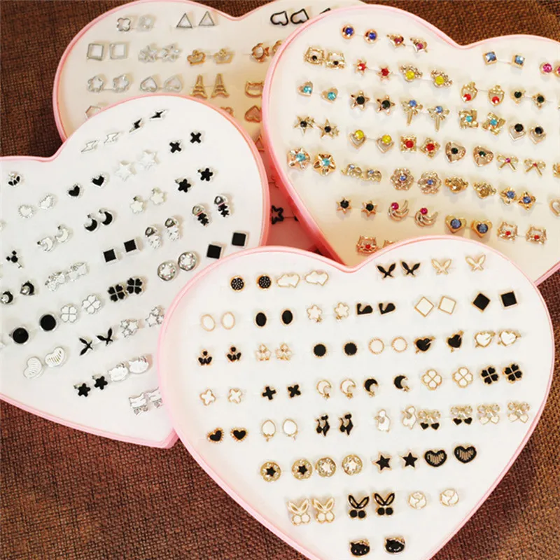 36 Pairs Pack Set Mixed Stud Earrings For Women Alloy Ear Studs Fashion Heart Flower Bow Cat Cute Earrings Jewelry
