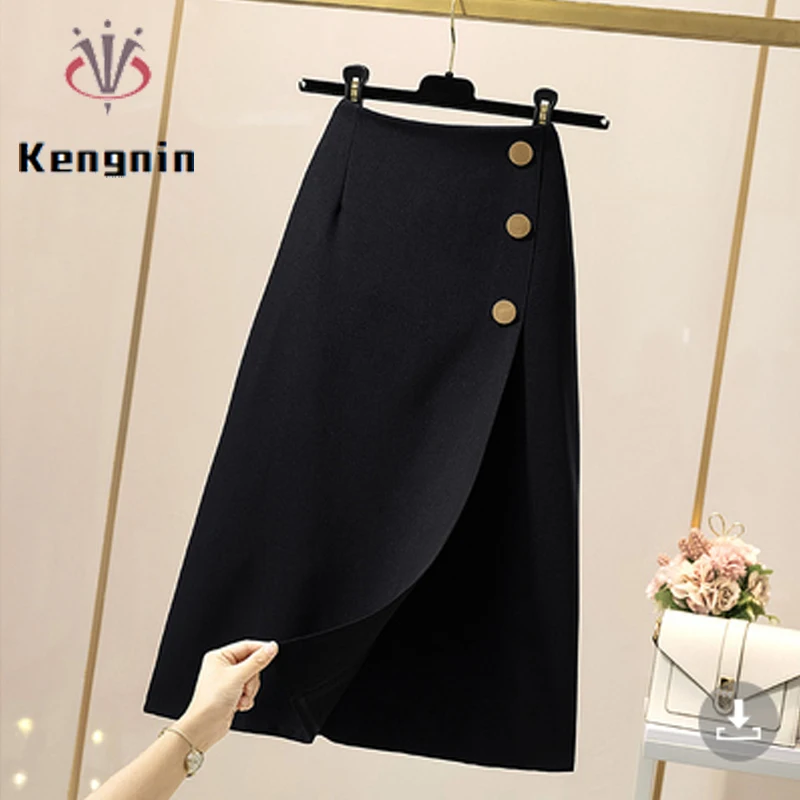 2021 Autumn Winter Women's Skirt Wool&ampBlends Thick Black Skirts A-Line Button Suit Loose Oversize Female Clothing KE1738 | Женская