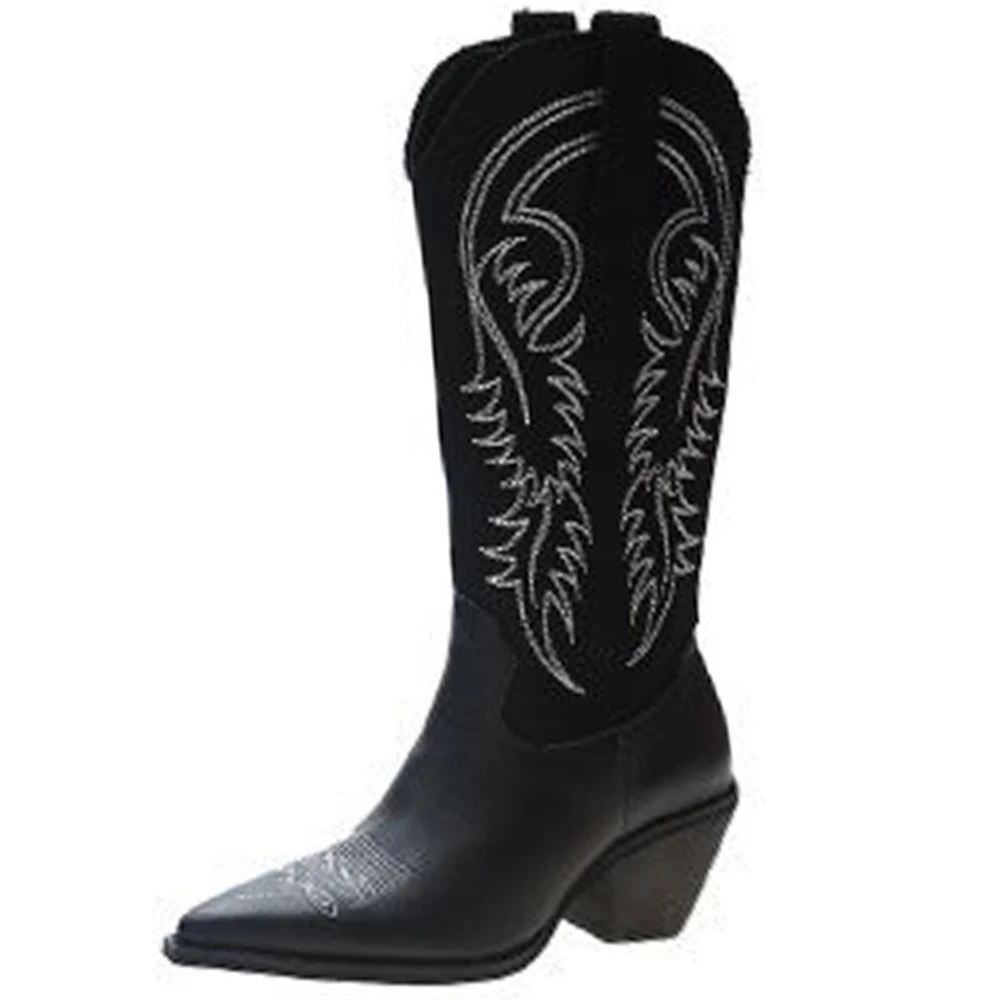 New Embroidery Knee-High Boots For Women 2021 Winter Zipper Soft Long Botas Female Mid Calf Heels Pumps Ladies Casual Punk Shoes