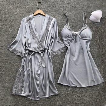 

Gray Spring Night Robe Sexy Women 2PC Strap Top Suit Sleepwear Sets Casual Pajamas Home Wear Nightwear Sleep Kimono Bath Gown