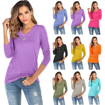

2019 Fashion Women Spring Autumn Tops Office Ladies Solid Color Star Pattern Long Sleeve V-Neck Slim T-Shirt Casual Female K2