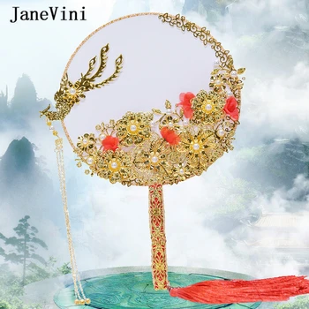 

JaneVini Luxury Chinese Style Gold Bridal Fan Bouquet Pearls Golden Phoenix Long Tassel Metal Round Hand Fan Wedding Accessories