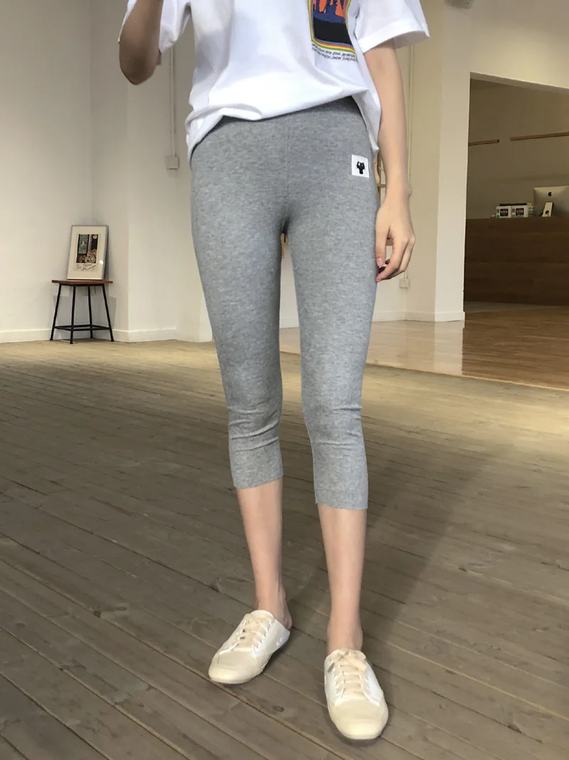 Skinny Solid Color Cropped Trousers Cat Pattern Super Soft Outdoor Leisure Sports Pants For Women Cotton Leggings F5A137