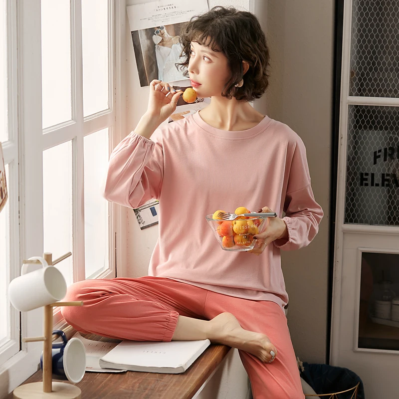 JRMISSLI осенние пижамы женские хлопковые пижамы, комплект однотонная Пижама Mujer с длинным рукавом, милые повседневные пижамы больших размеров