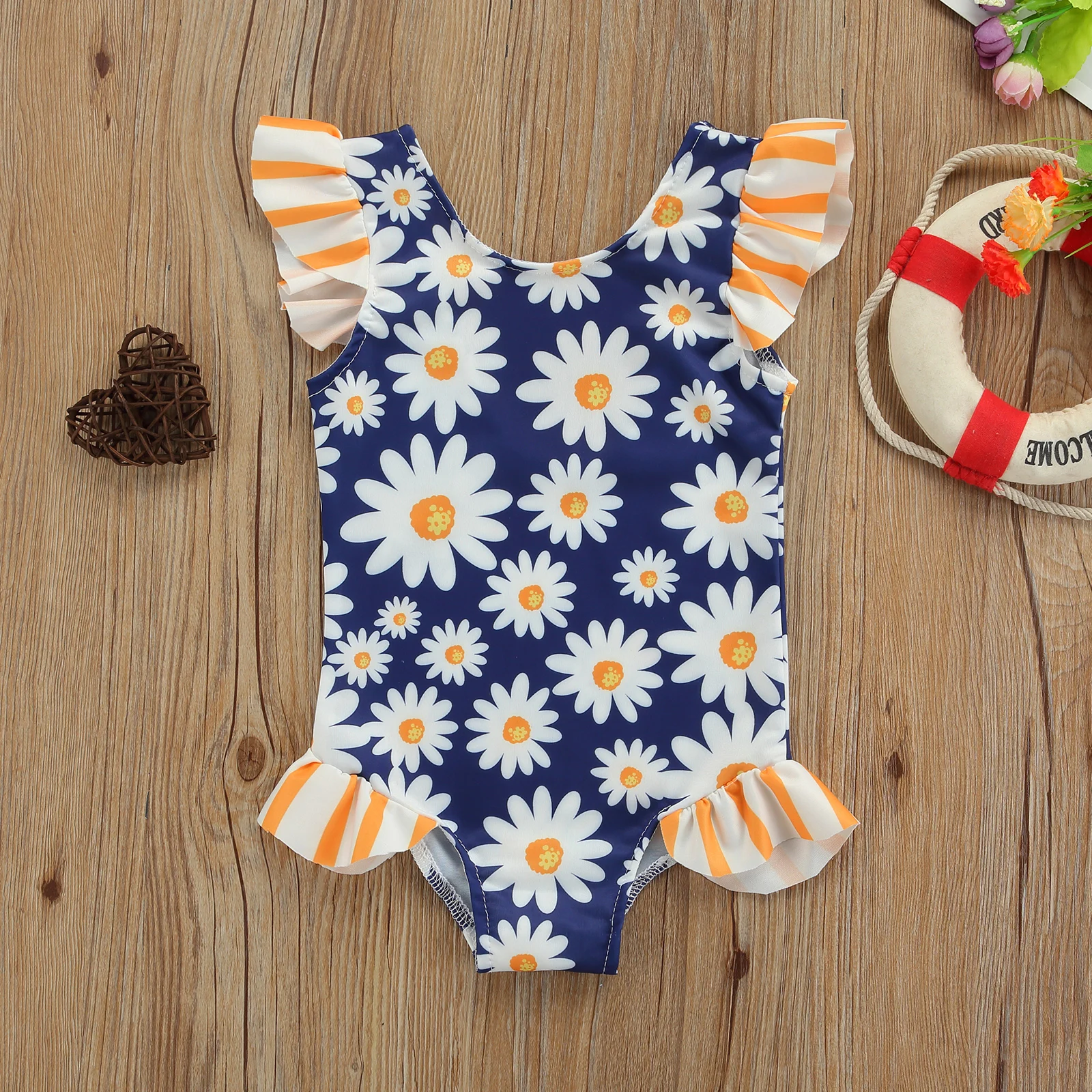 Breathable Little Girls One-piece Swimsuit Summer Children Cute Flamingo/Tie-dye Printing Fly Sleeve Swimwear for Vacation