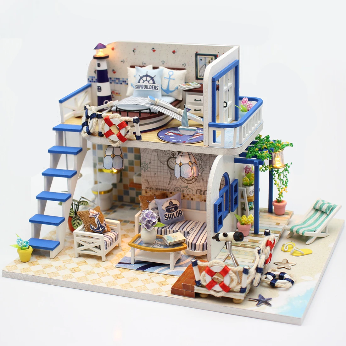 Surwish DIY креативная тема ручной работы деревянная кабина сборка здания Кукольный дом модель игрушки набор с светильник и музыкой-Blue Coast