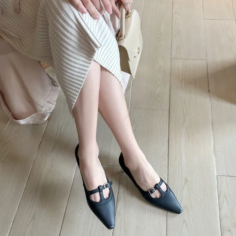 

Spring And Autumn-Style Hot Selling Europe And America Genuine Leather Small Square Head Metal Square Buckle Fine Semi-high Heel