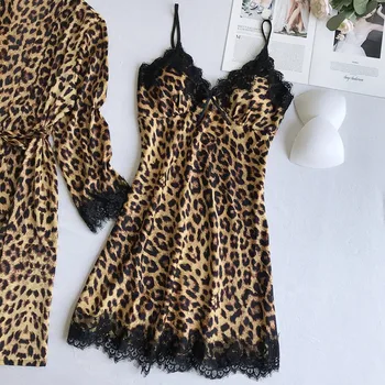 

Satin Silk sexy Pajamas Cardigan sling Nightdress Leopard print Bath robe Ladies Robes Underwear Sleepwear nightwear #G3