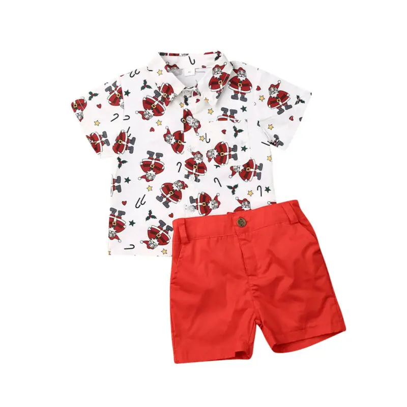 

Fashion Kids Baby Boy Xmas Sets Gentlemen Suits 2Pcs Santa Print T-Shirt Tops+Red Shorts Boy Christmas Outfits 1-6Y