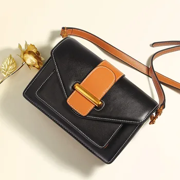 

2020 new style leather small square bag Korean fashion collision color cowhide bag single shoulder messenger