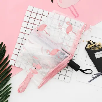 

Fashion Wind Resistant Folding Umbrella Rain Women Portable Transparent Flamingo Bird Rainy Umbrellas Student Outdoor Parasol