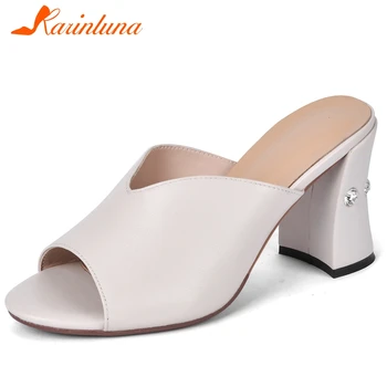 

Karinluna New Fashion Genuine Cow Leather Peep Toe 2020 Slippers Woman Shoes Slip On High Heels Summer Shoes Women Slippers