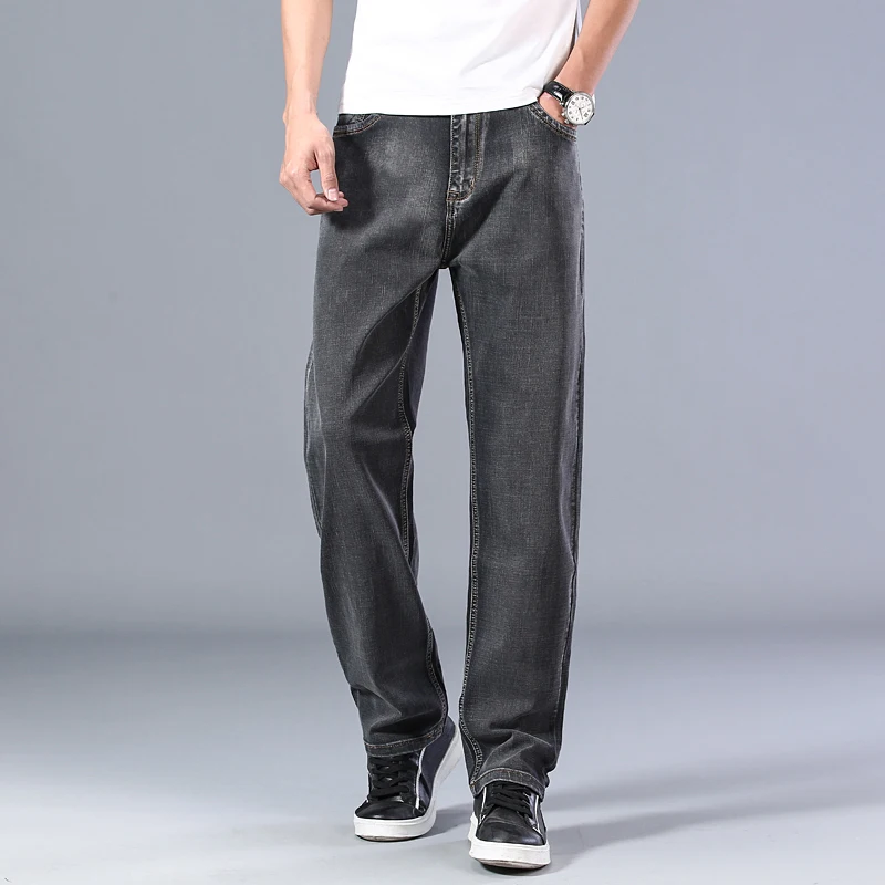 

2020 Spring and Summer New Men's Gray Thin Jeans Advanced Stretch Loose Straight Denim Trousers Male Plus Size 40 42 44 Brand