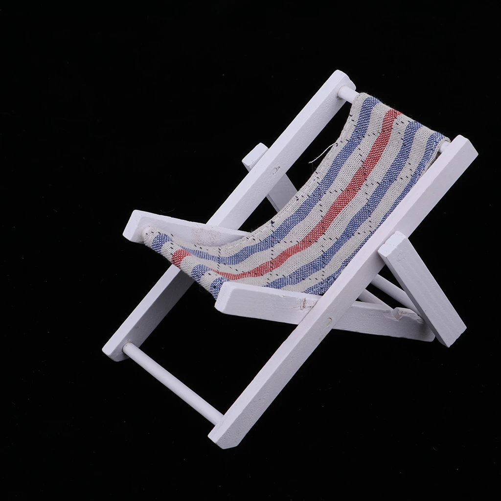 1:6 Miniature Folding Wooden Beach Sunbath Chair Deck Chair Mini Furniture for Indoor Outdoor Decor (Blue Stripe)