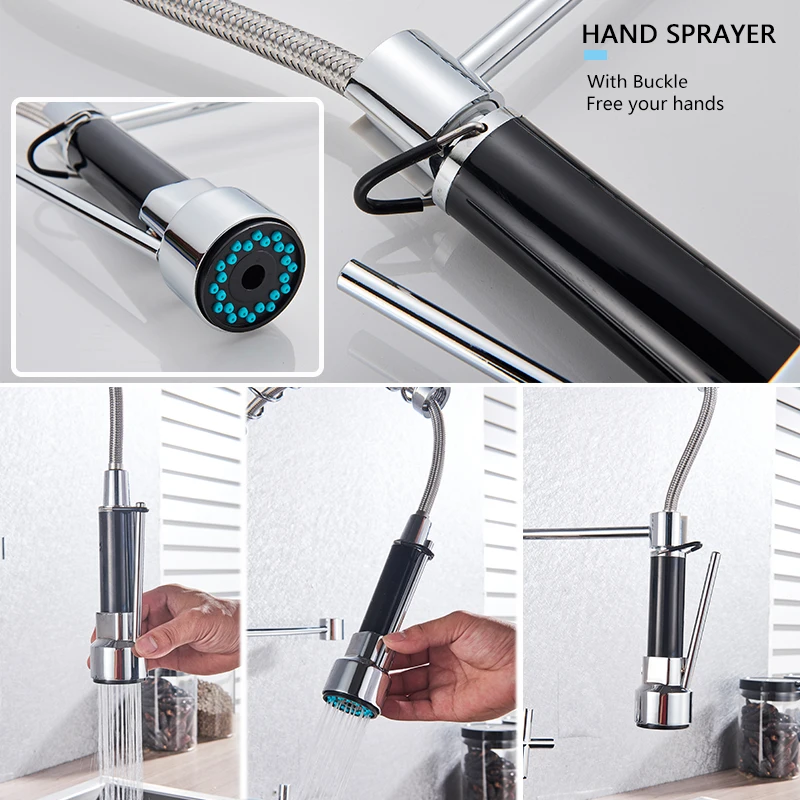 Chrome Spring Kitchen Faucet 360 Rotation Pull Down Hand Sprayer with Buckle Kitchen Taps Wall Mounted Cold Hot Water Mixer Taps