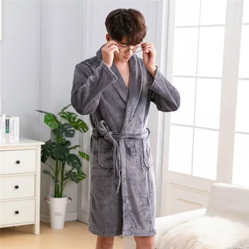 

Warm Men Kimono Robe Nightwear Gray Flannel Autumn Winter Sleepwear Pocket Thick Coral Fleece Bathrobe Gown Home Clothing