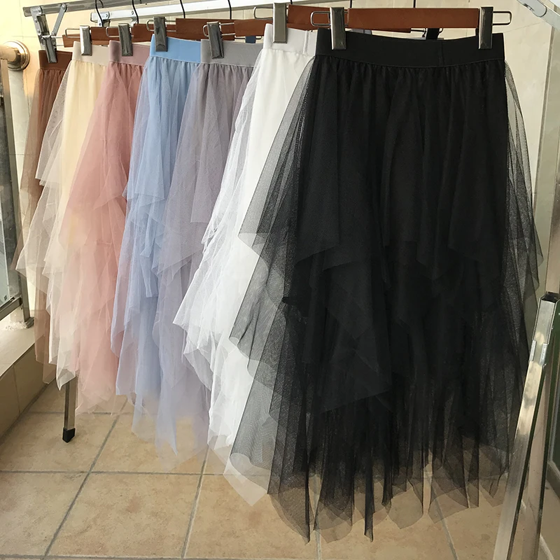 Skirts Womens Tulle Faldas Mujer Moda 2020 Fashion Mesh Elastic High Waist Tutu Maxi Pleated Long Midi Saias Jupe Women's Skirt