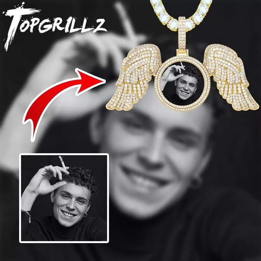 TOPGRILLZ New Angel Wings Custom Photo Medallion Pendant And Necklace Iced Out Cubic Zirconia Hip Hop Jewelry Gift | Украшения и