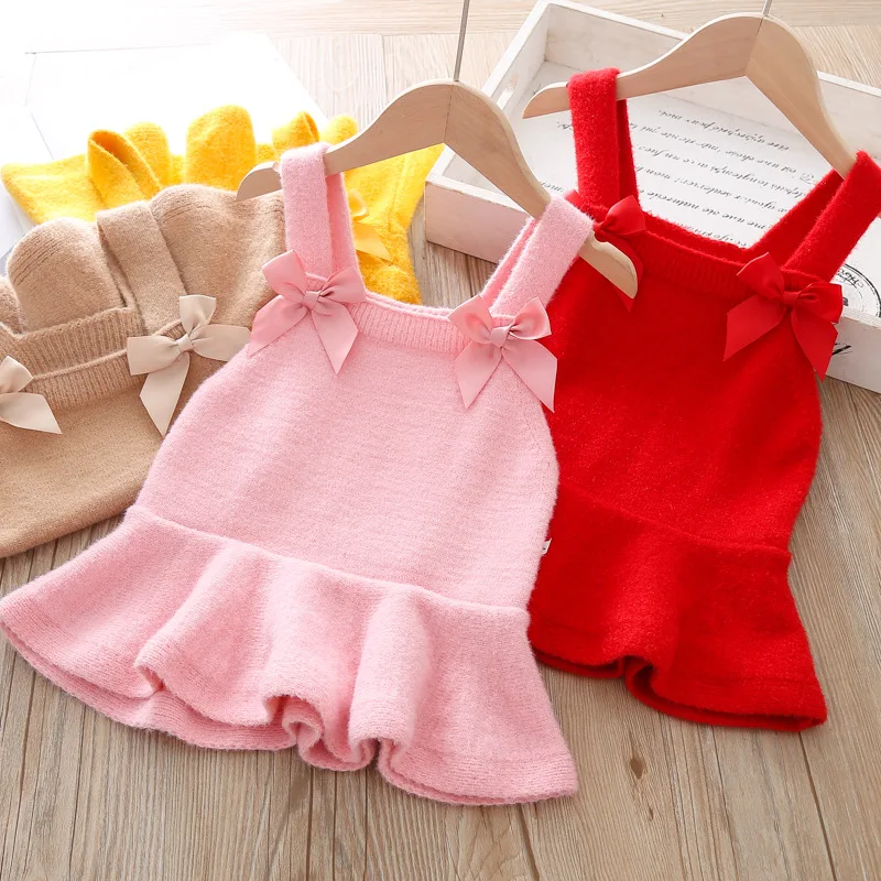 

Girls Little Princess Vest Dress Knitted Sweater Hip-length Autumn and Winter Dress