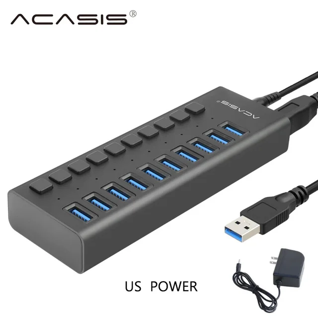 USB 3,0 концентратор 10 Порты и разъёмы 12V 4A Мощность адаптер usb-хаб 3,0 Зарядное устройство с переключателем Мульти USB разветвитель USB3.0 концентратор для Macbook портативных ПК - Цвет: US Aluminum Black