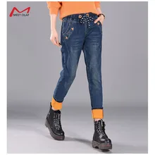 Осенне-зимние женские джинсы с высокой талией, эластичные бархатные плотные свободные джинсы для мам, флисовые брюки, длинные штаны, большие размеры CA6651