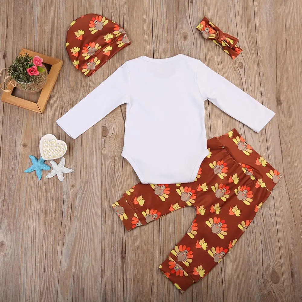 Комплект из 4 предметов с героями мультфильма «My FIRST thanksgiving», боди с длинными рукавами, штаны, шапочка и повязка на голову для малышей, расширяющиеся плечи