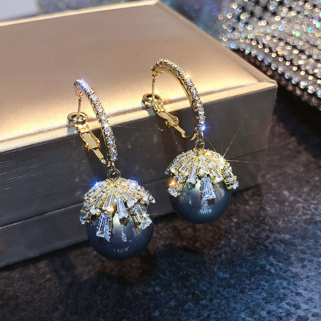 New Fashion Bowknot Oversized Pearl Drop Earrings For Women Shining Crystal Golden Metal Earrings Wedding Party Jewelry