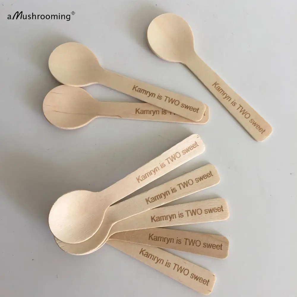 

x100 Personlized 2nd Birthday Party Dessert Spoons Custom Mini Sugar Salt Spoons Wooden Ice Cream Cake Spoons