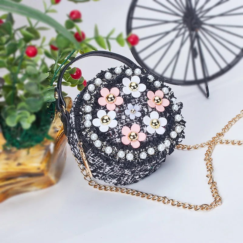 Toddler Kids Mini Chain Round Pearl Bag Baby Girls Pink Tweed Crossbody Bag Fashion Wool Flower Handbag for Teens Shoulder Purse (3)