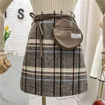 

Women Woolen Skirts New Autumn Winter All-match High Waist Plaid Short A-line Skirts Elegant Students Skirts with Bag