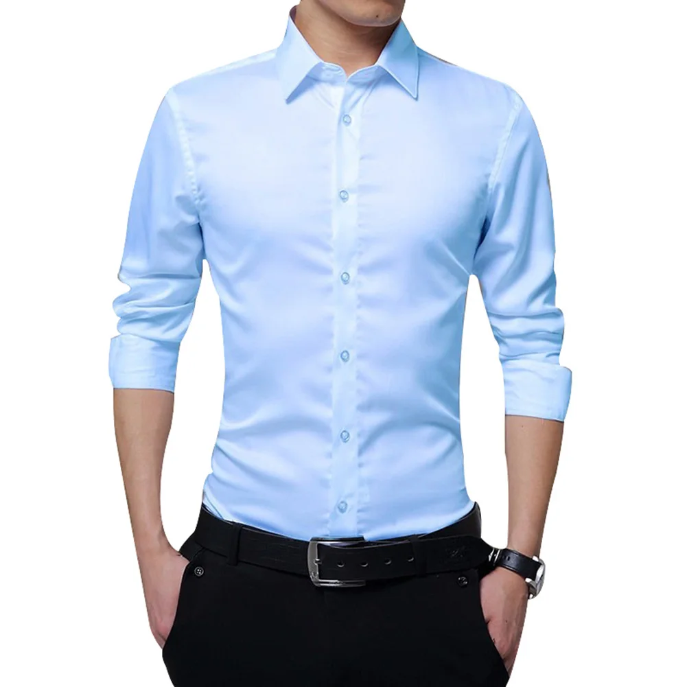 Мужская рубашка с длинным рукавом Модная белая Повседневная однотонная модная деловая дизайнерская ткань мягкая удобная мужская деловая одежда приталенная - Цвет: light blue