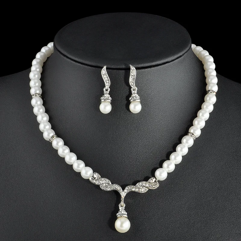 TREAZY Elegant Simulated-pearl Bridal Jewelry Sets Rhinestone Pearl Drop NECKLACE+EARRINGS Wedding Jewelry Sets for Women Gifts - Image 5