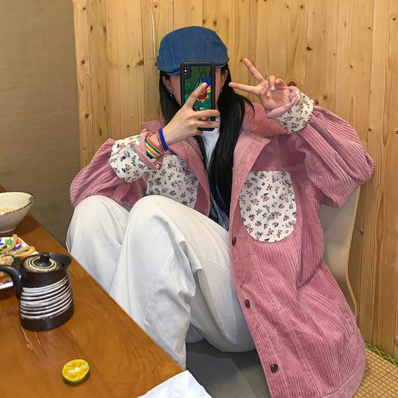 재킷 여성 디자인 의류 Preppy 모든 경기 레저 휴일 느슨한 싱글 브레스트 러블리 빈티지 코듀로이 매일 부드러운 유행