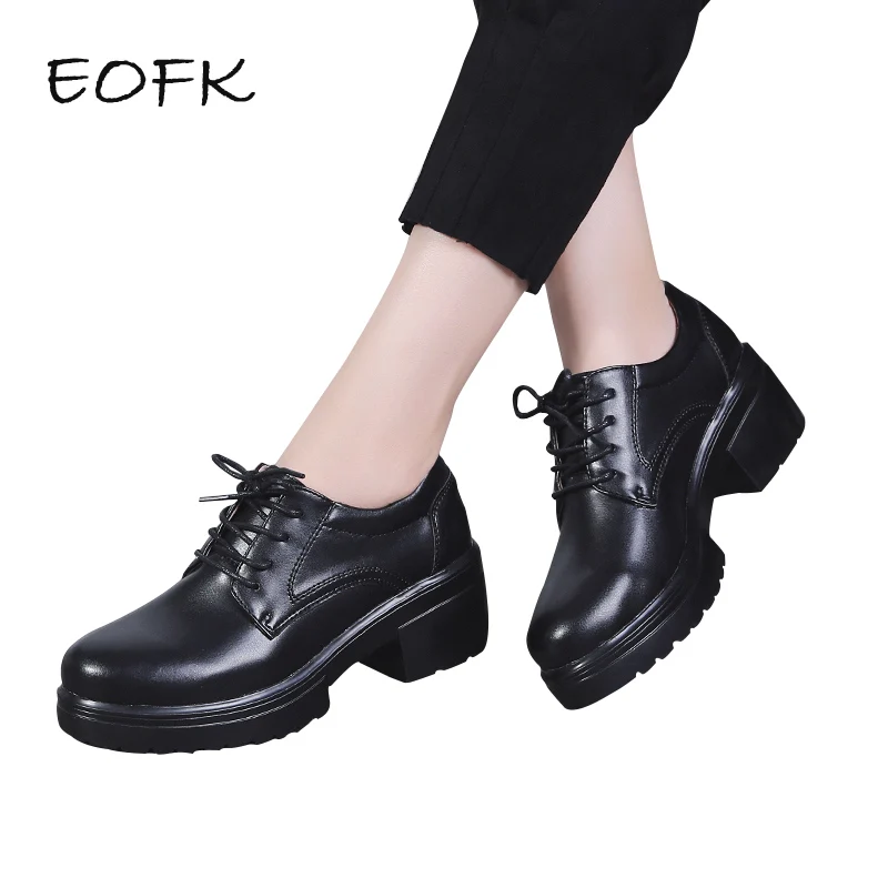 EOFK/женские кожаные туфли в стиле дерби; женские офисные туфли-лодочки на квадратном каблуке со шнуровкой и круглым носком; Цвет Черный; удобные туфли-лодочки на танкетке