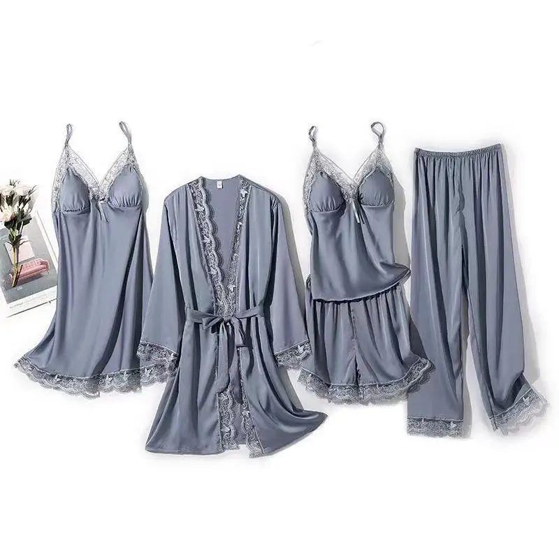 Women Sexy Pajamas 5PCS Satin Sleepwear Pijama Lace Home Wear Home Clothing Embroidery Sleep Lounge Pyjama with Chest Pads