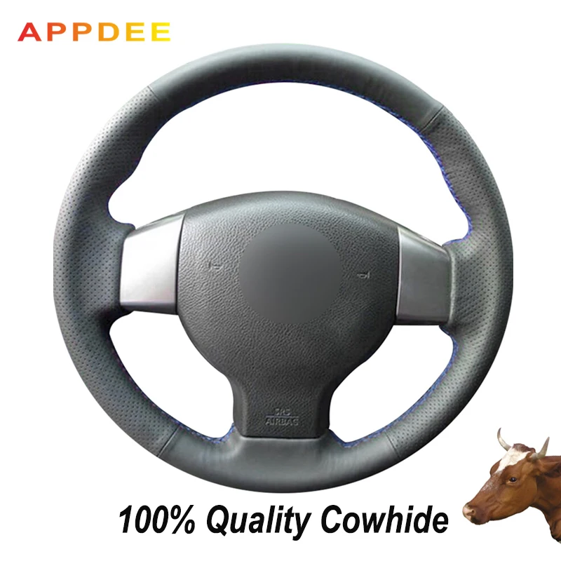 Appdee Black Genuine Leather Steering Wheel Cover For Nissan Tiida 2004