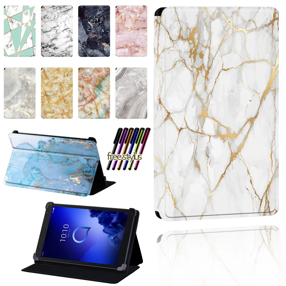 

For Alcatel 1T 7 10 / 3T 8 10 / A3 10 Tablet Marble Pattern Anti-fall Folio Lightweight Protective Case Cover + Pen