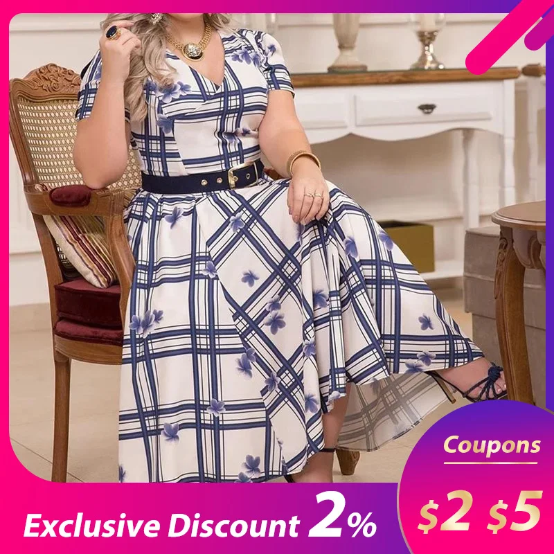 

Plus Size A-Line Casual Dress Elegant Party Office Lady Women Dresses Short Sleeve V-Neck Retro Plaid Vintage Dress