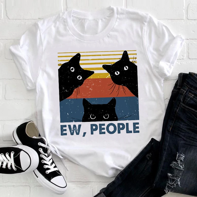 Women Cute Cat Striped Face Clothing 2021 Funny Printing Animal Clothes Print Tshirt Female Tee Top Ladies Graphic T-shirt | Женская