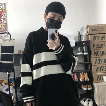 

Couple Embroidery Sweater Harajuku Hip Hop Stripe Sweaters Knit Autumn Winter Man Women Loose Pullover Black Friday Tops Unisex