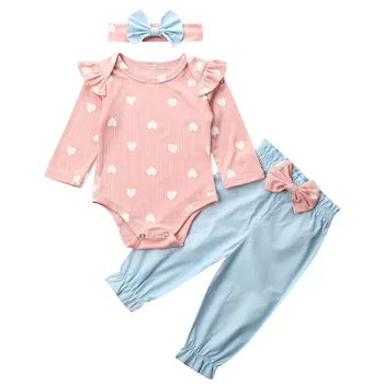 

Spring Autumn 3PCS Newborn Baby Girl Love Printed Bodysuit Tops Jumpsuit Pants Bowknot Headhand Outfit Clothes Set