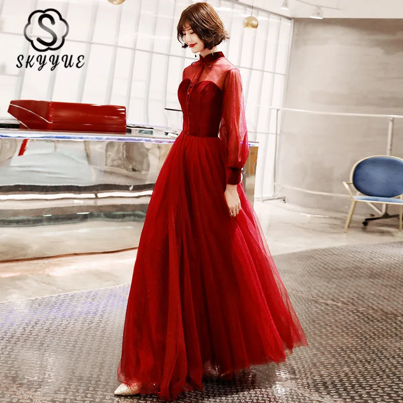 

Skyyue Long Sleeves Evening Dress High Collar Burgundy Formal Party Gowns K229 Floor Length Women Dresses Bandage Back Vestidos