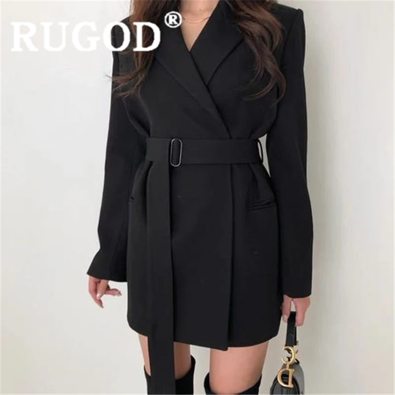 RUGOD/женские сплошные блейзеры, приталенный Блейзер со шнуровкой, пальто с поясом, новая осенняя модная женская элегантная Офисная Женская одежда - Цвет: Черный