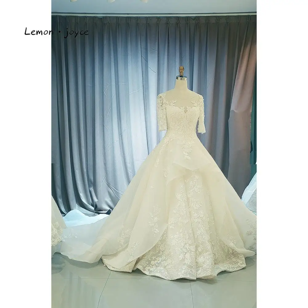 Лимон joyce Роскошные свадебные платья короткий рукав свадебный длинный шлейф vestido de noiva robe de mariee - Цвет: Белый