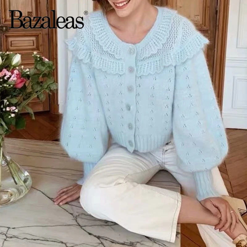 Bazaleas Милая женская одежда, винтажный женский свитер kardigan в винтажном стиле, шикарный синий вязаный кардиган с вырезами