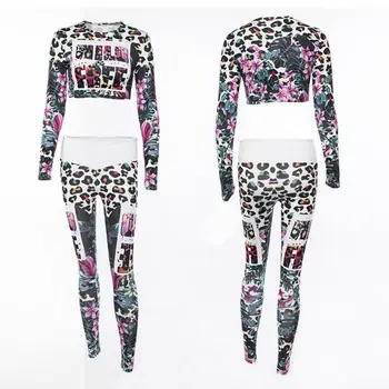 

Women 2 Pieces Multicolor Flower Leaf Letter Print Suit Tracksuit Long Sleeve Crop Top+Leggings