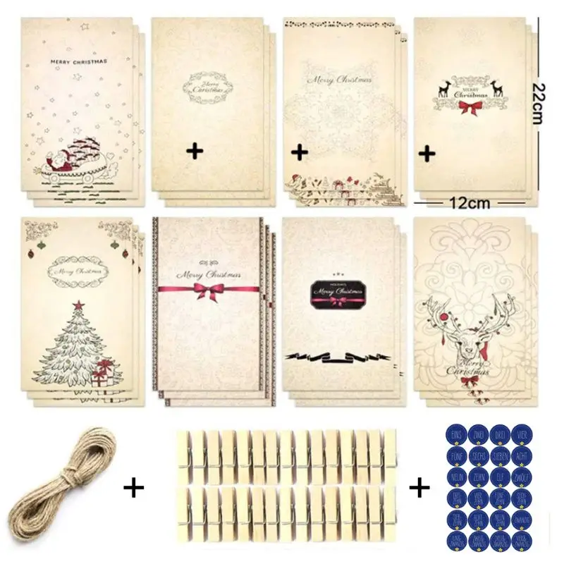 

24Pcs Candy Gift Bag Advent Christmas Calendars Kraft Paper Candy Bag with Stickers Clips Rope Party Decorations