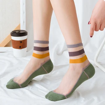 

1 Pair Colored Triple Striped Glass Mid Socks Ultra-thin Translucent Socks Girls Candy Color Breathable Fashion Socks Dropship