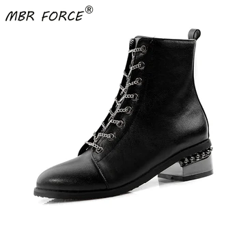 

MBR FORCE High quality Chain shoelace Ladies Vintage Boots Punk Women PU Leather Short ankle Boots large size 34-43 shoes Woman