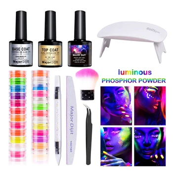

12-color Series Fluorescent Luminous Color Nail Polish Glue Baking Lamp Set Painted Phototherapy Glue Nail Powder Manicure Tools